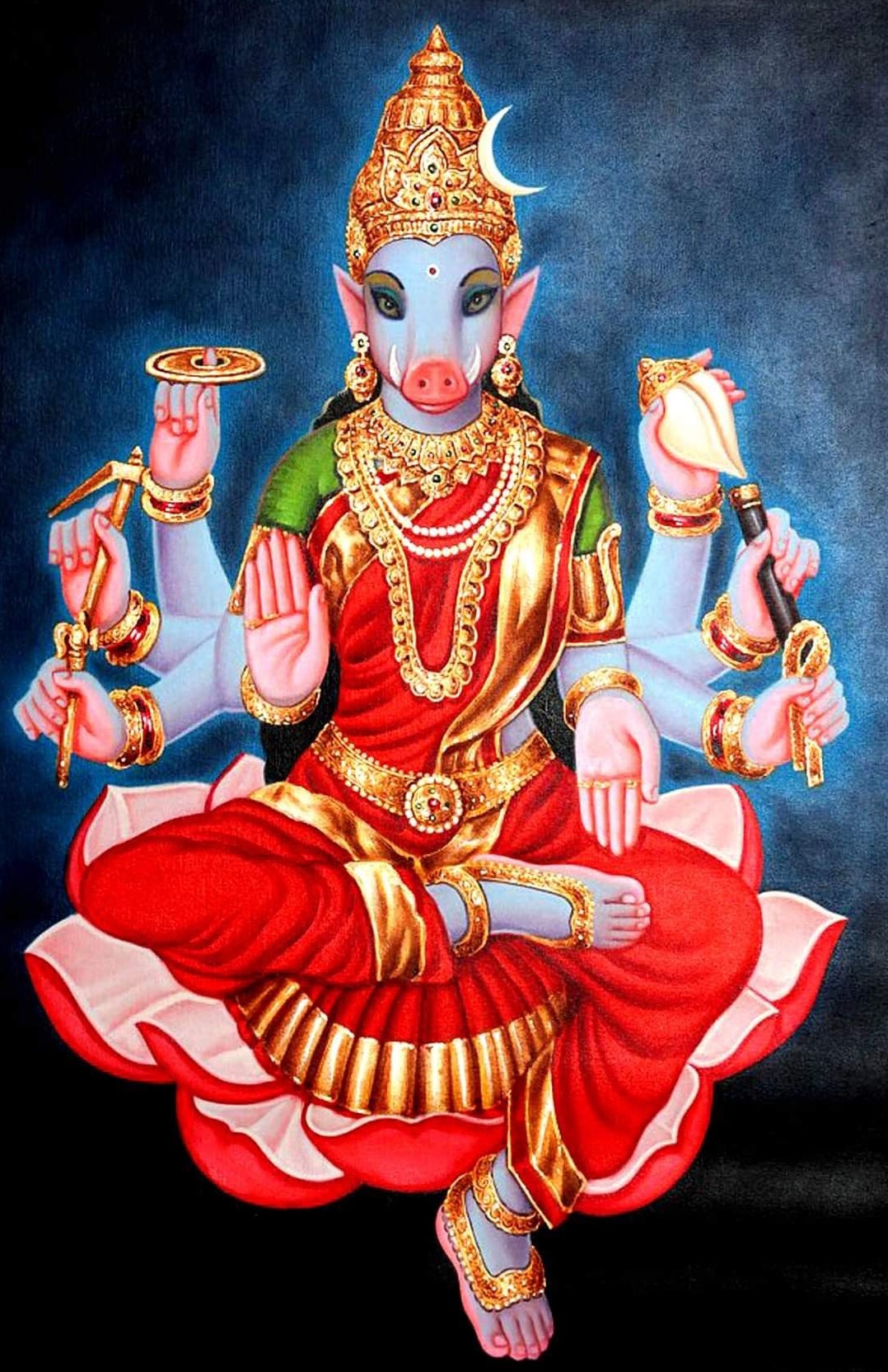 Maa Varahi , the boar-faced Divine Mother enshrined, seated on the red lotus, crowned with the crescent moon
